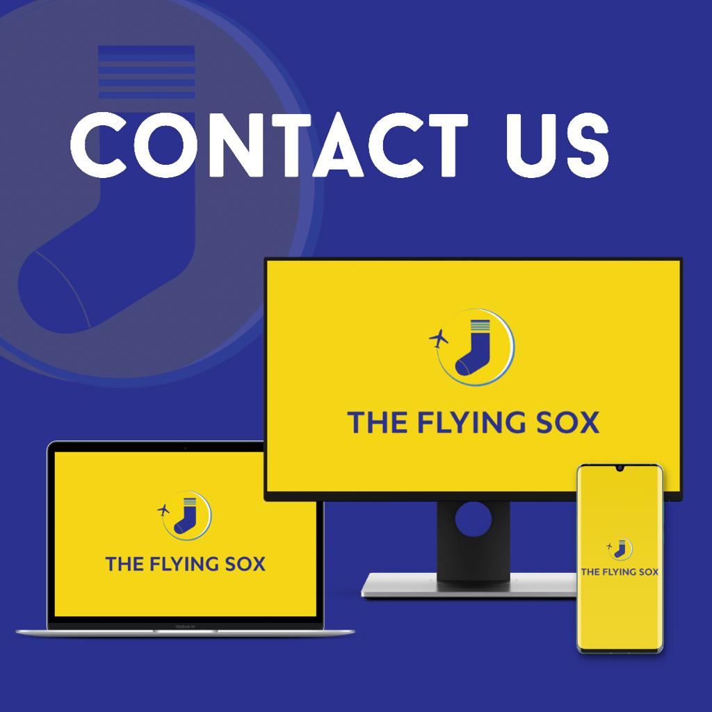 Contact Us Page with The Flying Sox logo on the Laptop, Phone and Desktop.