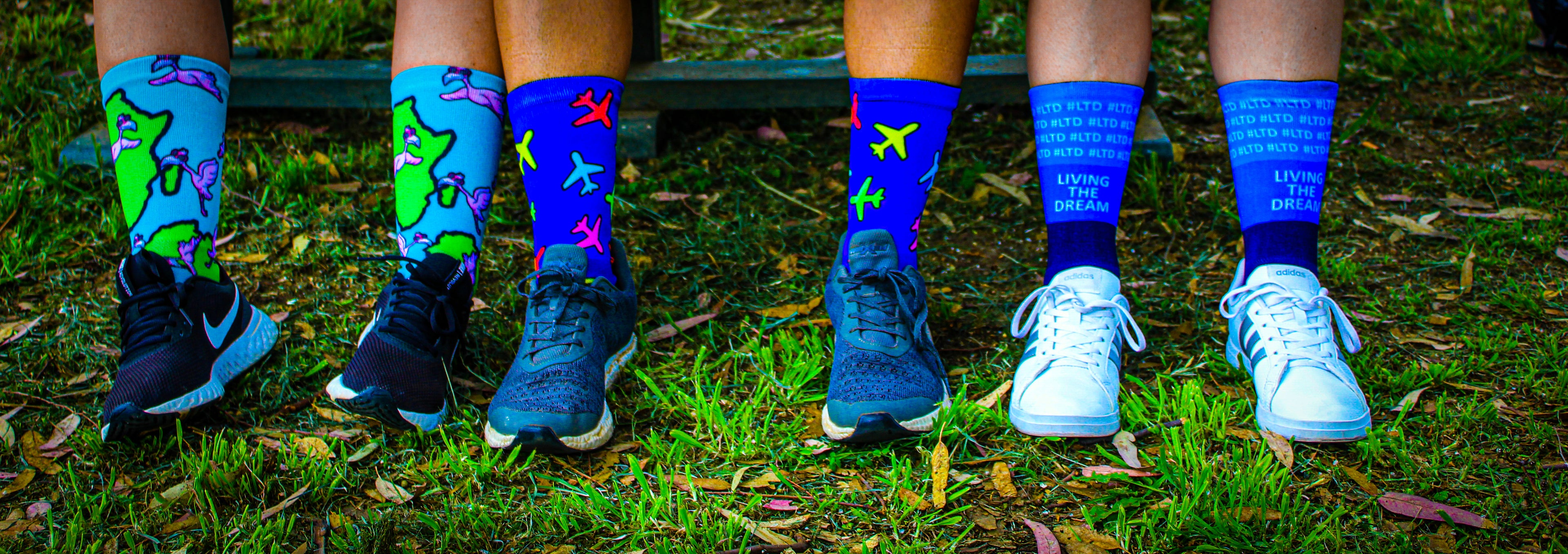 Flamingo, Aeroplane and Living the dream socks, on a bench in nature