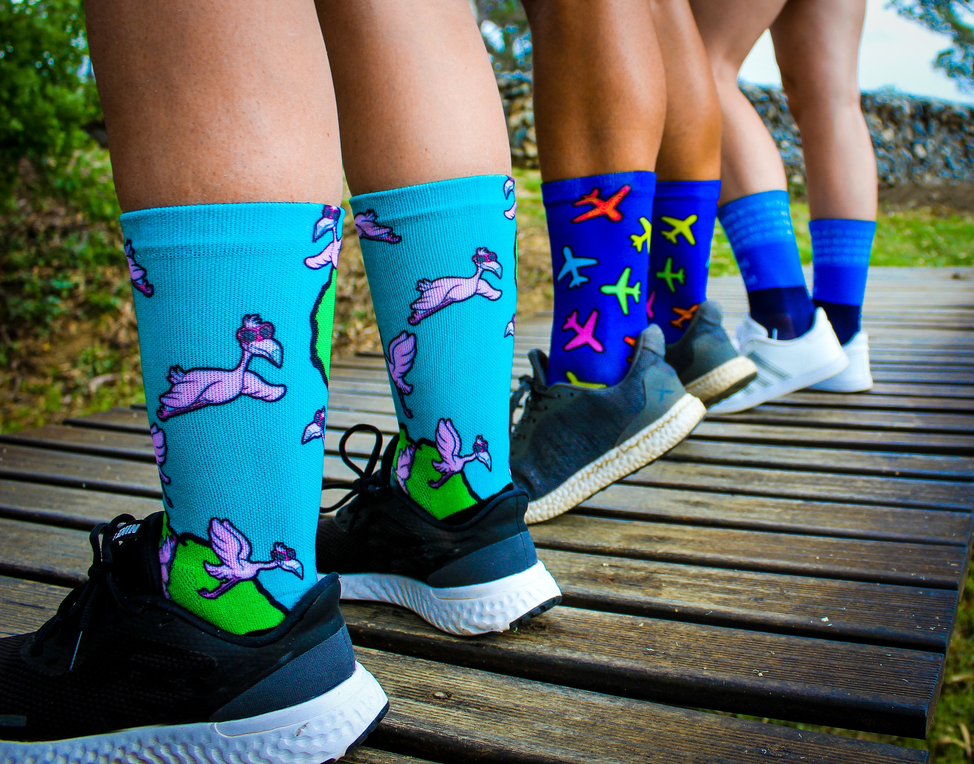 Flamingo Socks, Aeroplane Socks and Living the dream socks on a wooden bridge