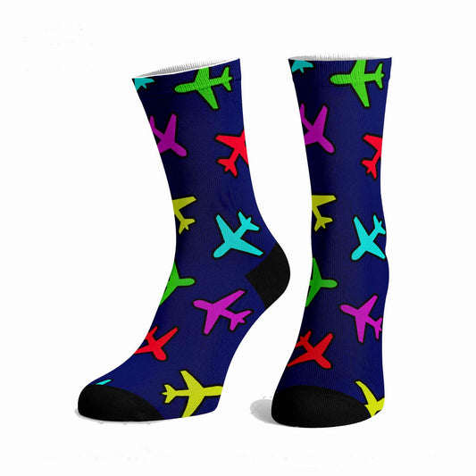 Aeroplane socks, colourful aeroplanes on a blue background.